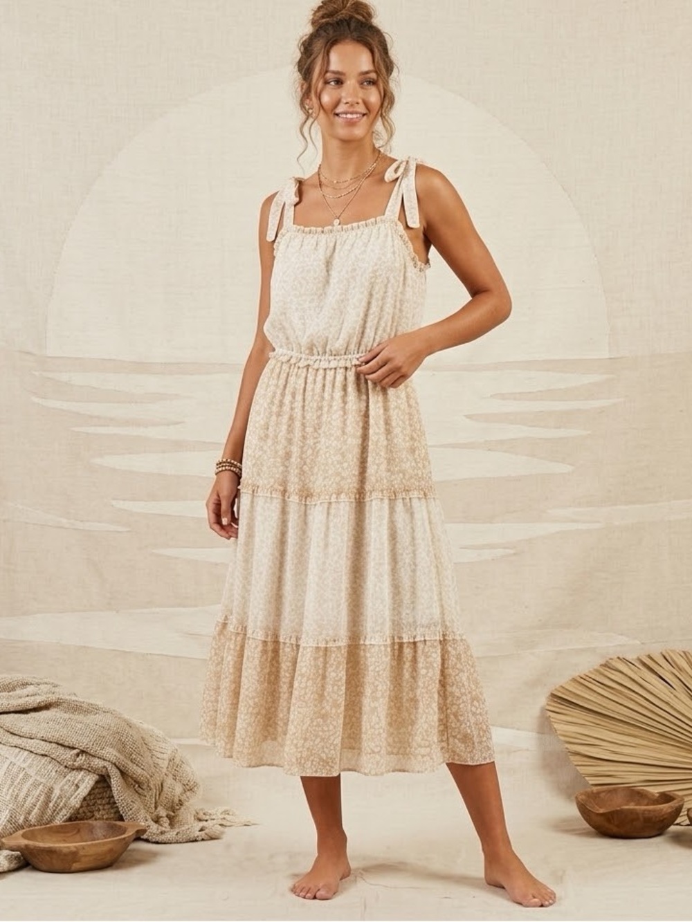 NEW Sincerely Jules floral tiered midi dress Tan cream cottagecore peasant LARGE